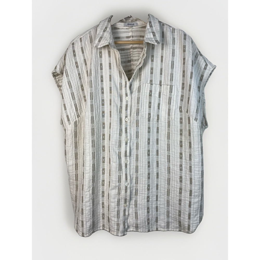 Madewell Women's 2X White Gray Striped Gauze Cotton Sleeveless Button Up Shirt